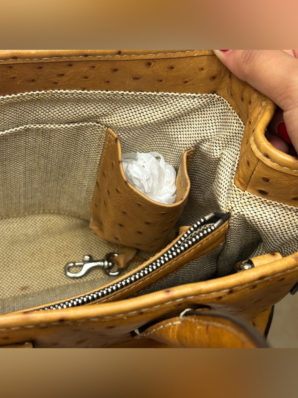 Vintage Dooney & Bourke Ostrich Embossed Leather Satchel Tan w/ Duck Charm - Picture 9 of 14